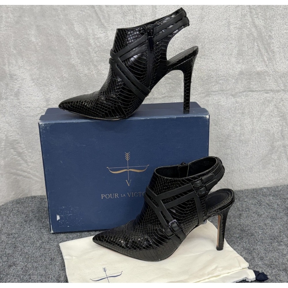 Pour La Victoire Neva Shoes Womens Size 10 Black Snake Leather Bootie Heels